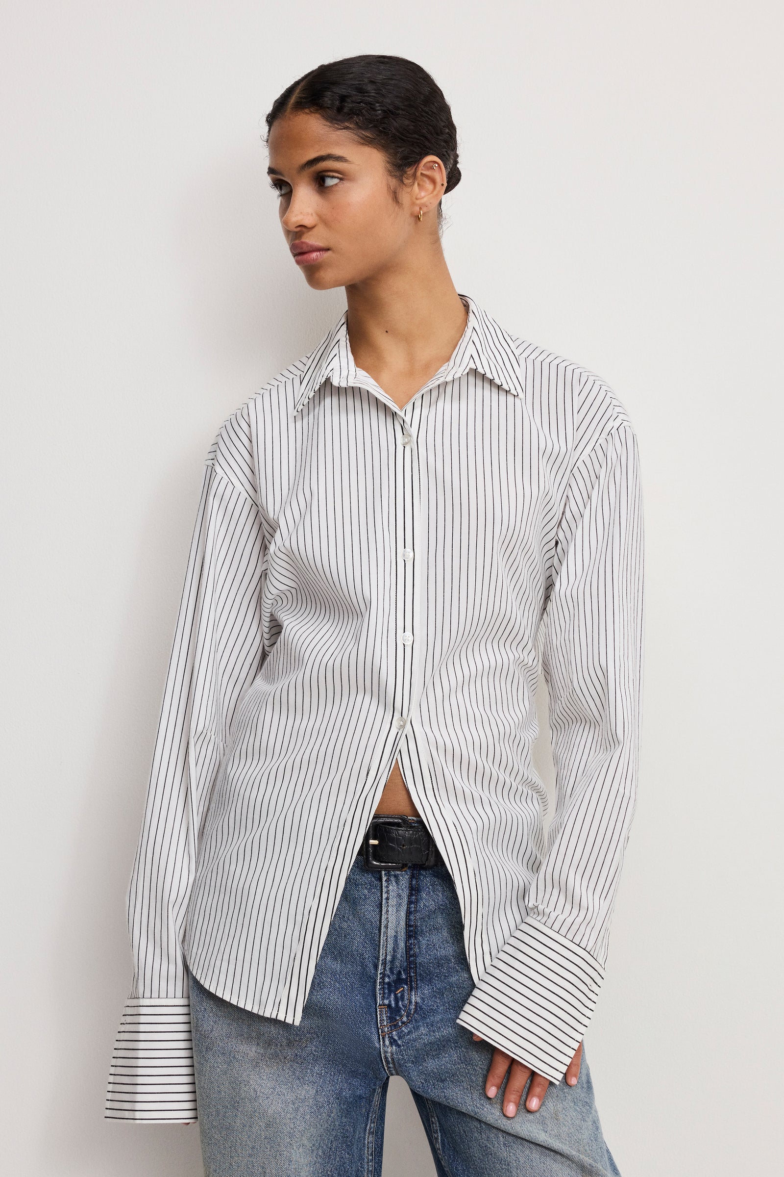 POPLIN TIE BACK SHIRT | BCW PINSTRIPE001