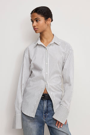 POPLIN TIE BACK SHIRT | BCW PINSTRIPE001