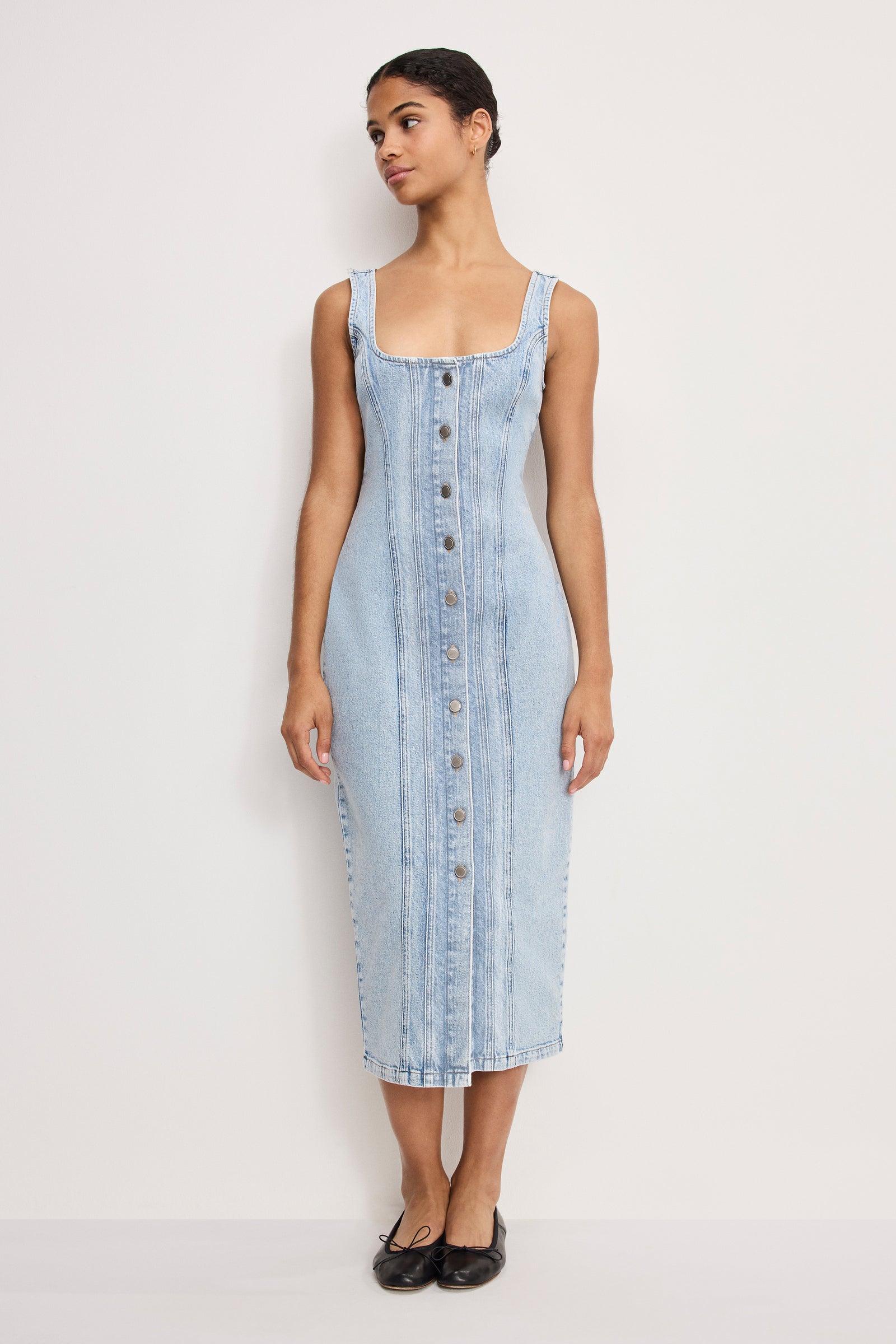 button front dress denim BUTTON FRONT MIDI DRESS