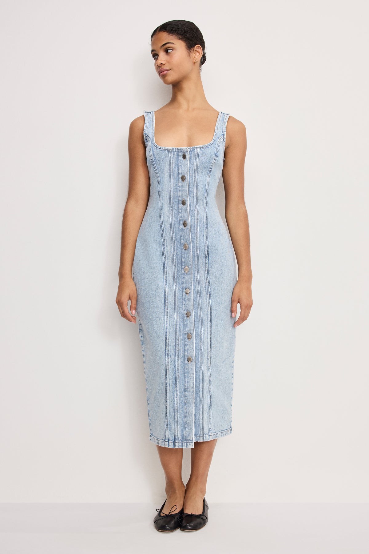 BUTTON FRONT MIDI DRESS | INDIGO911