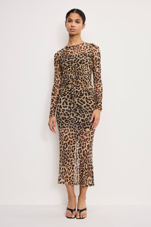 MESH RUCHED MAXI DRESS | LUCKY LEOPARD001