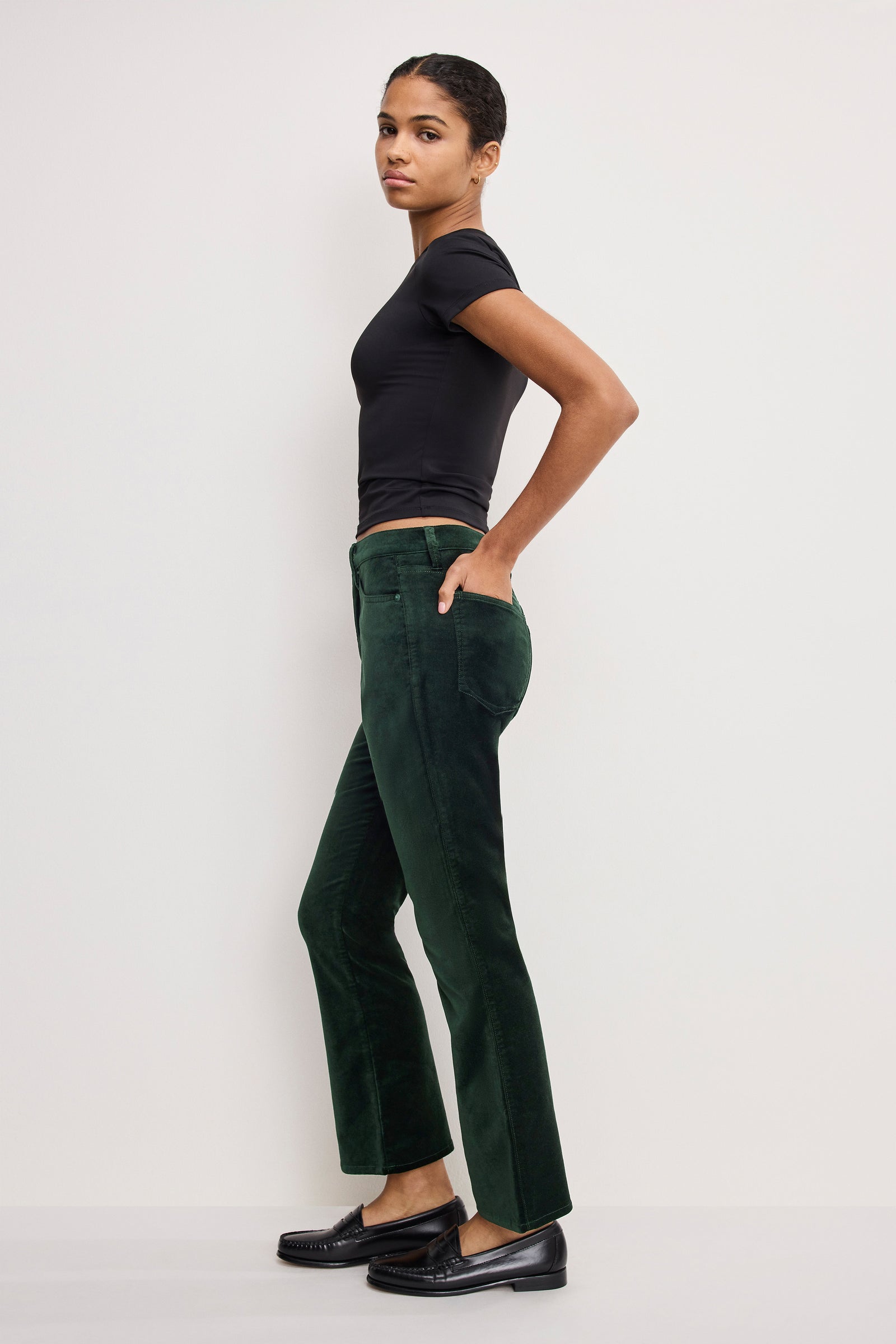 VELVET GOOD HIGH RISE KICK FLARE PANTS | PINE GREEN003