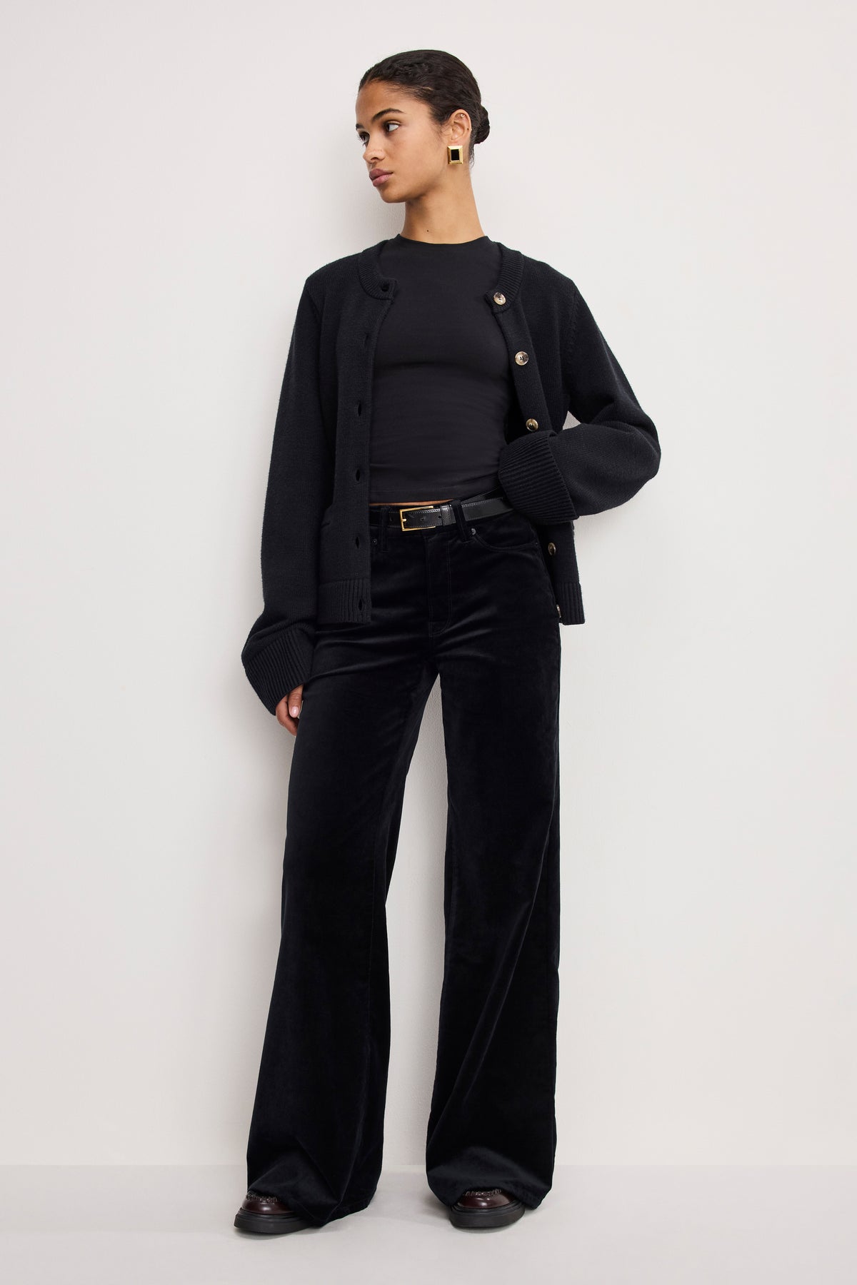 VELVET GOOD WAIST PALAZZO  PANTS | BLACK001