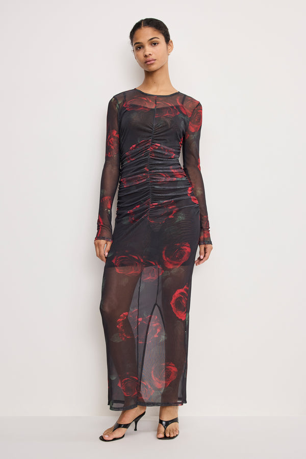 MESH RUCHED MAXI DRESS | MOODY RED ROSES001