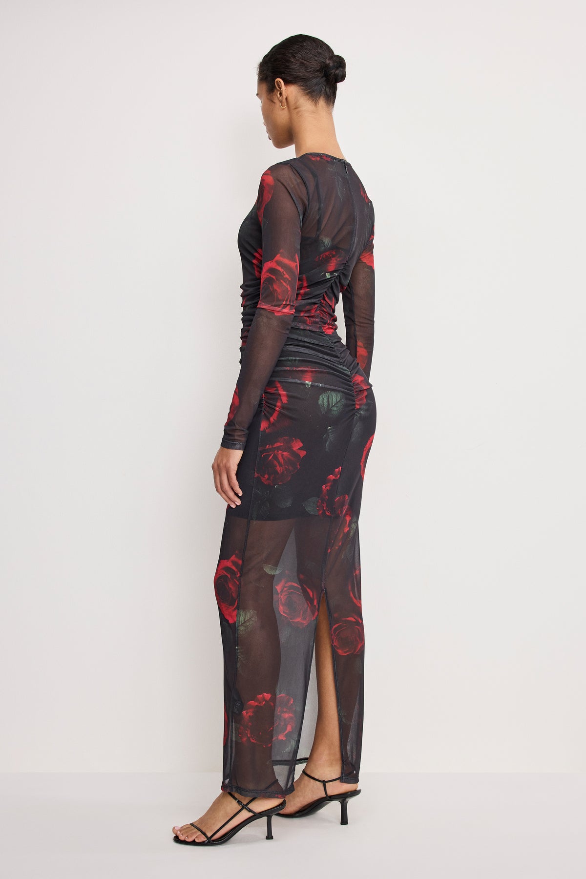MESH RUCHED MAXI DRESS | MOODY RED ROSES001