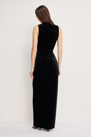 VELVET HIGH NECK MAXI DRESS | BLACK001
