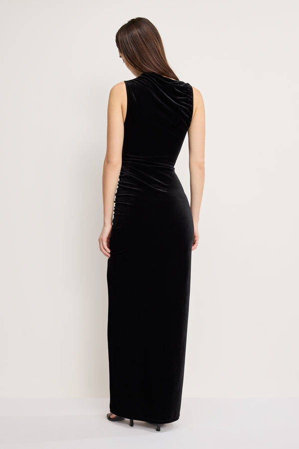 VELVET HIGH NECK MAXI DRESS | BLACK001