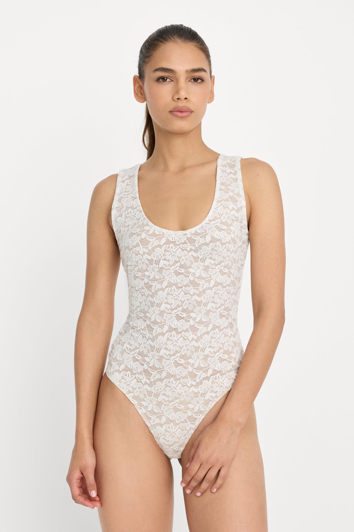 STRETCH LACE SCOOP TANK BODYSUIT | CHALK