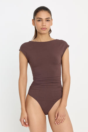 SUPER STRETCH OPEN BACK BODY SUIT | BITTER COCOA