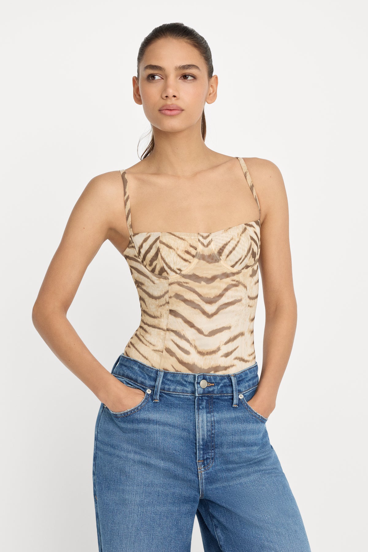 MESH BUSTIER BODYSUIT | BROWN TIGER-1 | GOOD AMERICAN | MODEL_A