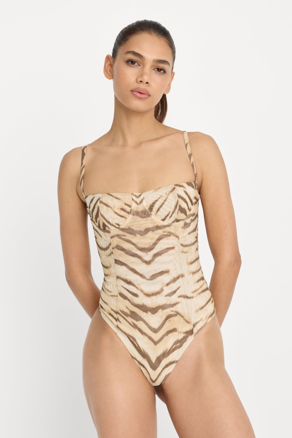 MESH BUSTIER BODYSUIT | BROWN TIGER-2 | GOOD AMERICAN | MODEL_A