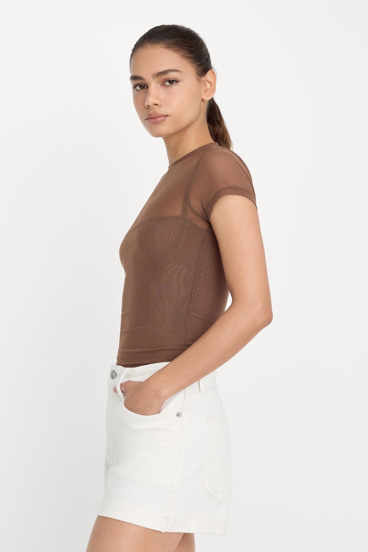 MESH BABY TEE | SADDLEWOOD-4 | GOOD AMERICAN | MODEL_A