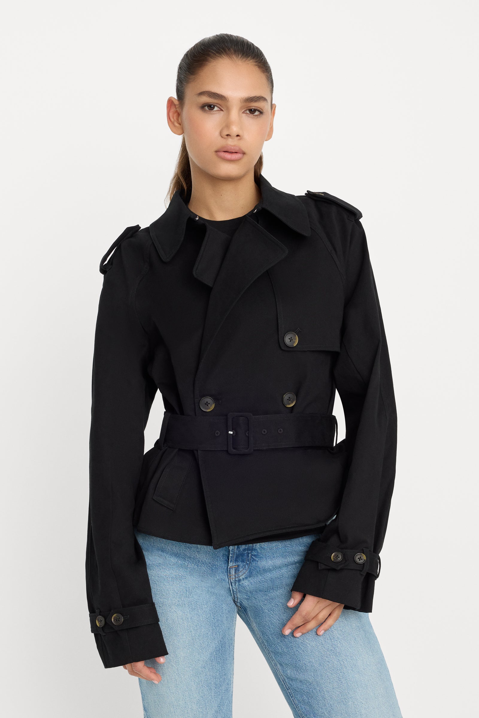 CROPPED TRENCH JACKET | BLACK001