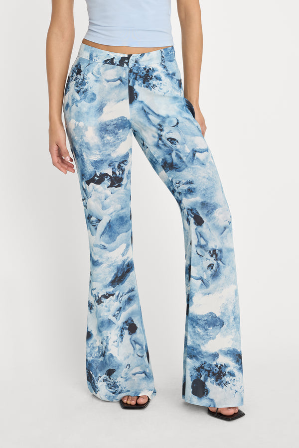 V WAIST CHIFFON FLARE PANTS | BLUE ANGEL PRINT