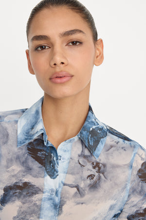 MESH BUTTON UP TOP | BLUE ANGEL PRINT