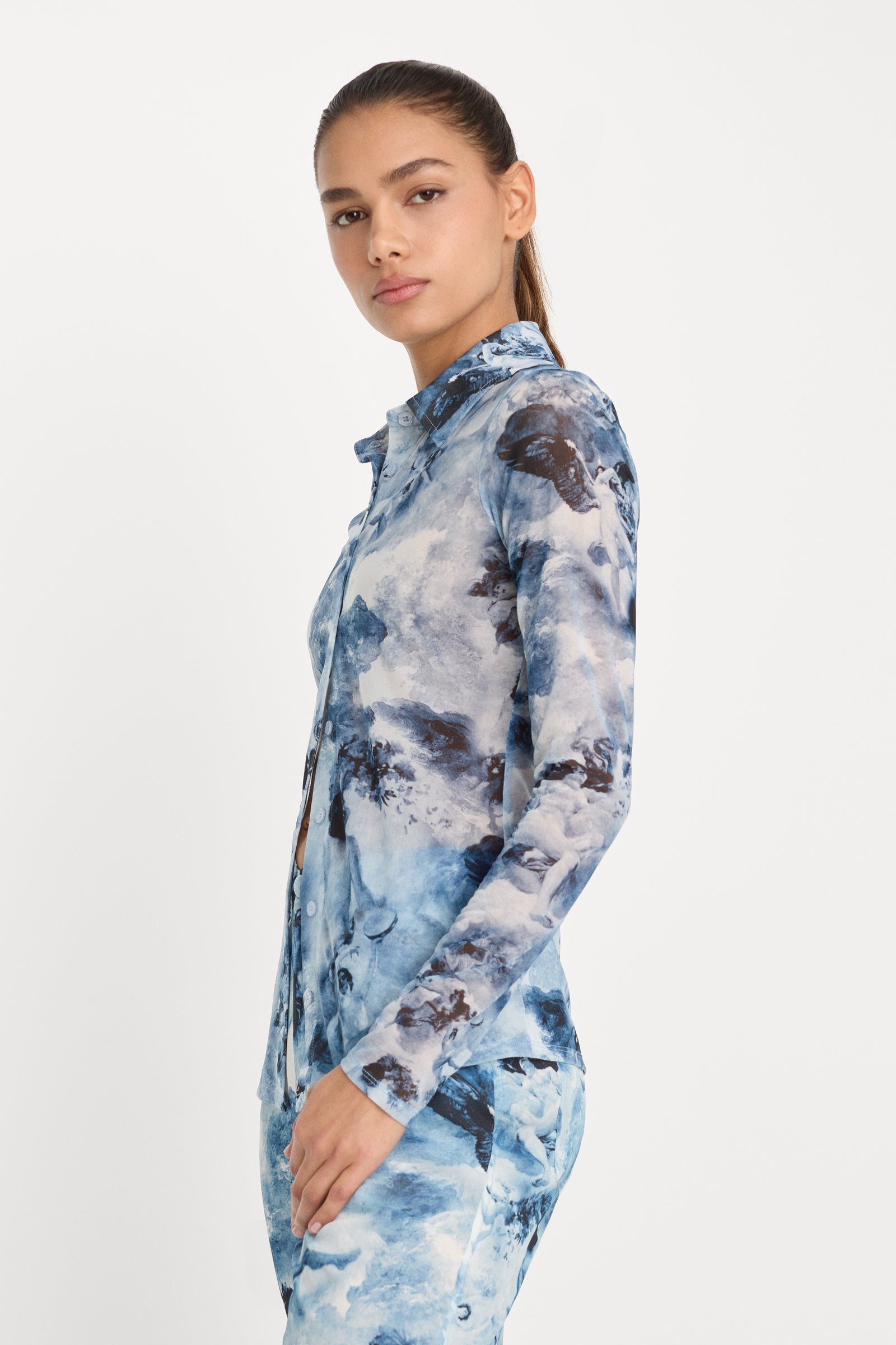 MESH BUTTON UP TOP | BLUE ANGEL PRINT