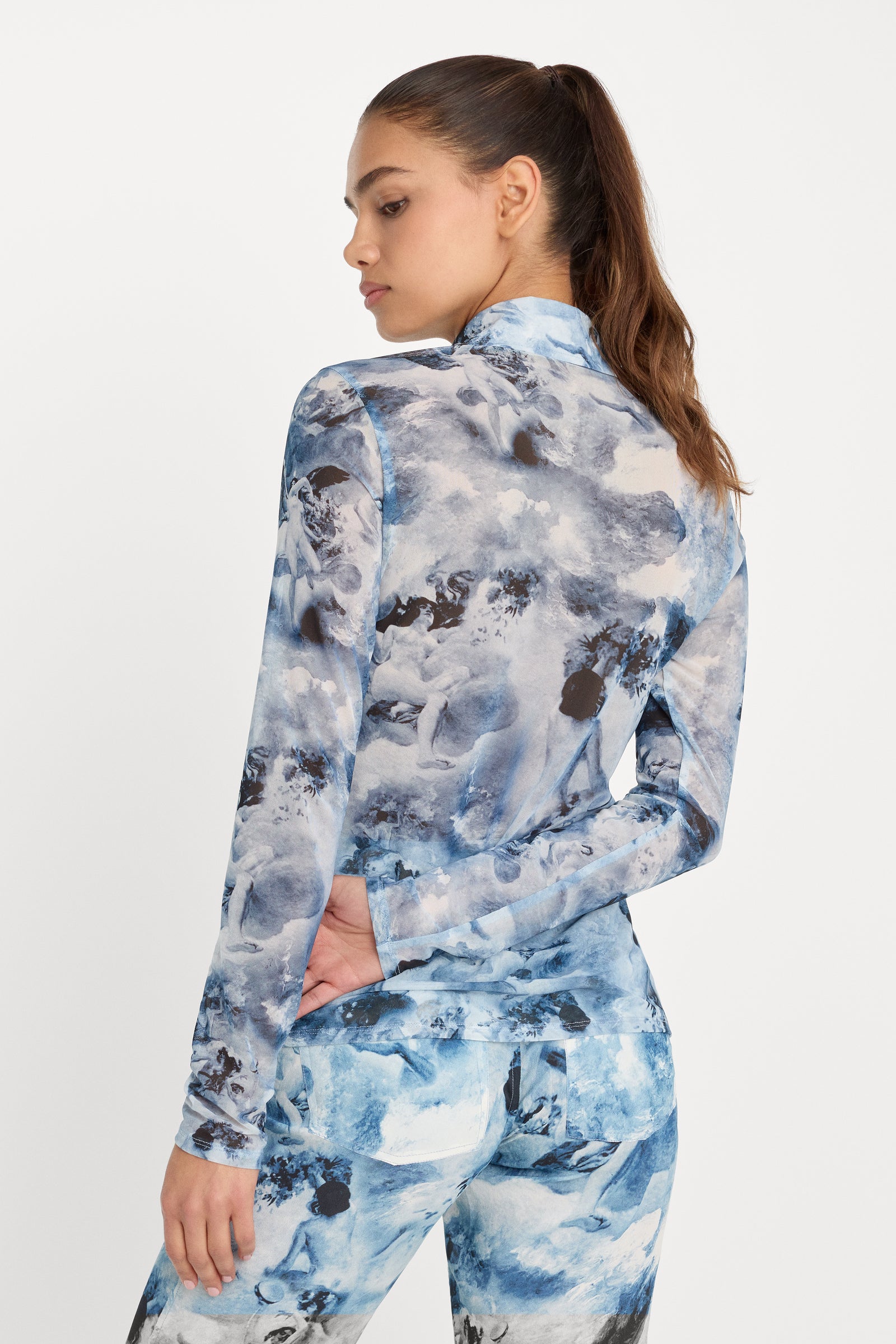 MESH BUTTON UP TOP | BLUE ANGEL PRINT
