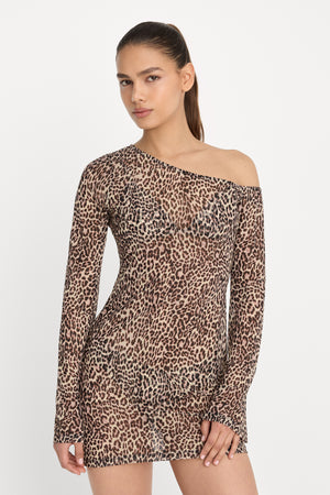 mesh dress mini PRINT MESH ASYMMETRIC LONG SLEEVE MINI DRESS