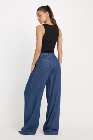 PLEATED HIGH WAISTED WIDE LEG TROUSER | INDIGO1187