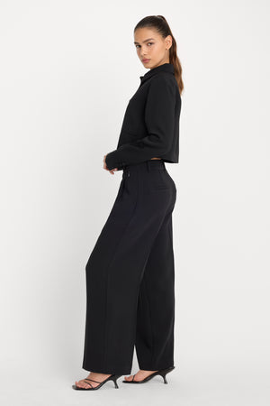 LUXE SUITING HIGH-RISE CROPPED WIDE LEG TROUSER | BLACK001