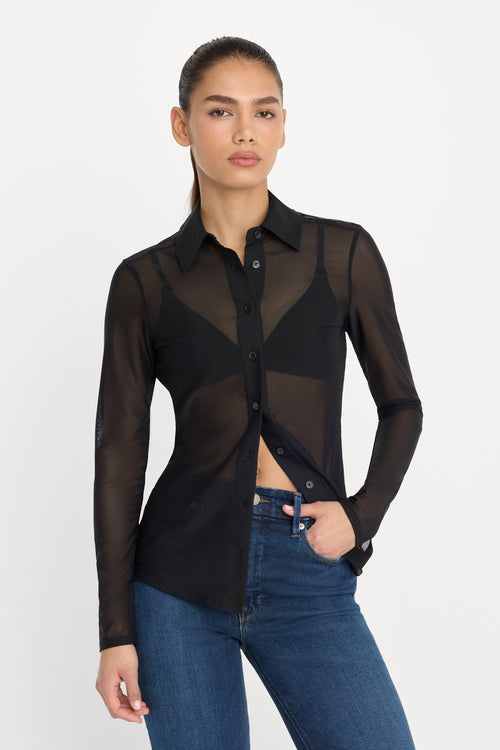 MESH BUTTON UP TOP | BLACK001