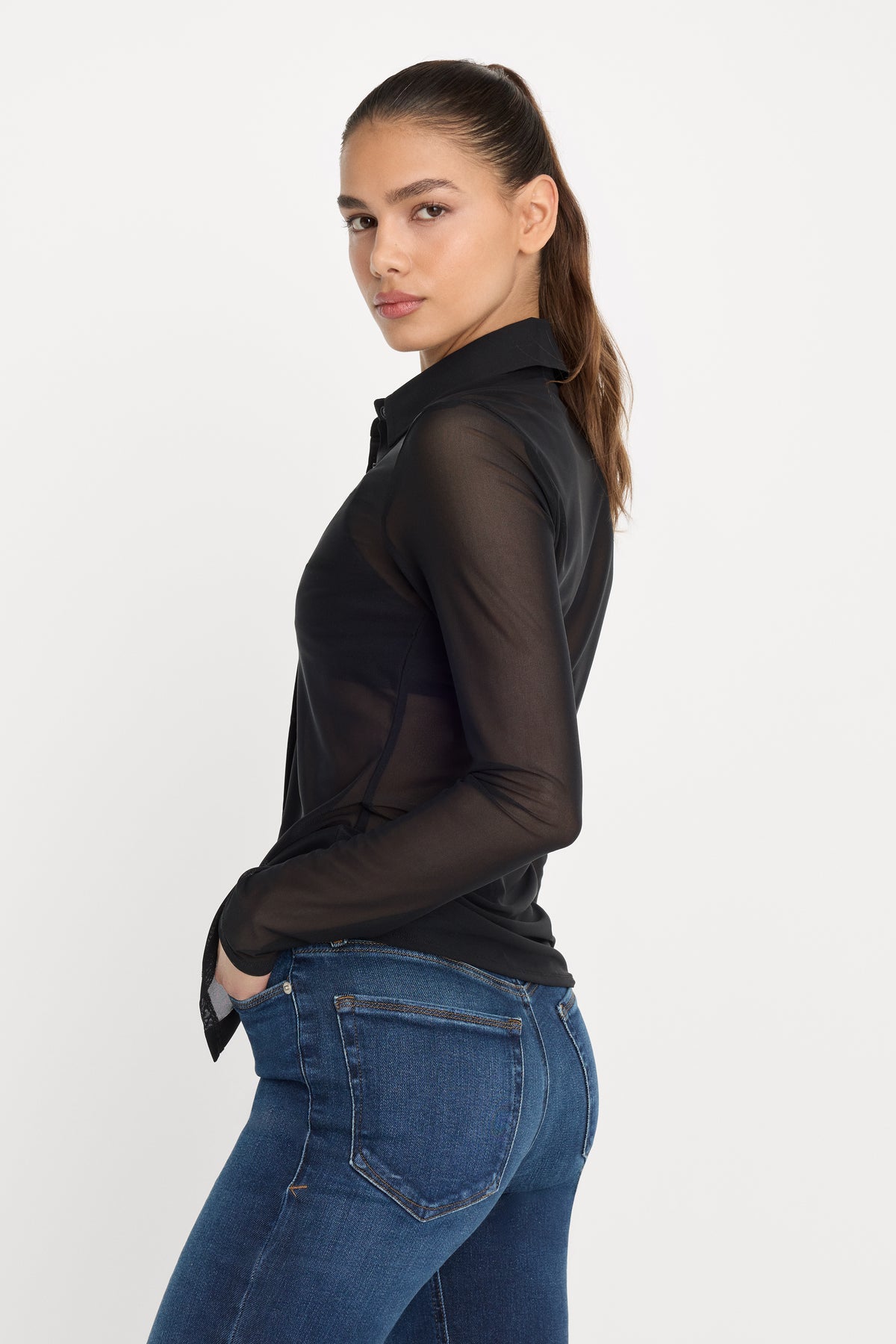 MESH BUTTON UP TOP | BLACK001
