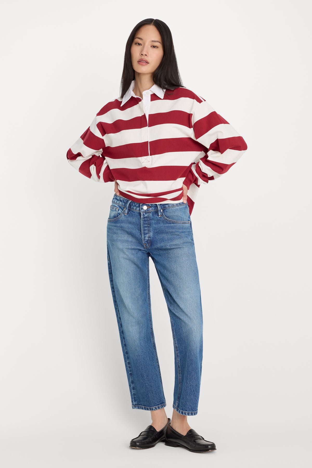OVERSIZED RUGBY TEE | MERLOT AND CHALK RUGBY STRIPE-3 | GOOD AMERICAN | MODEL_A