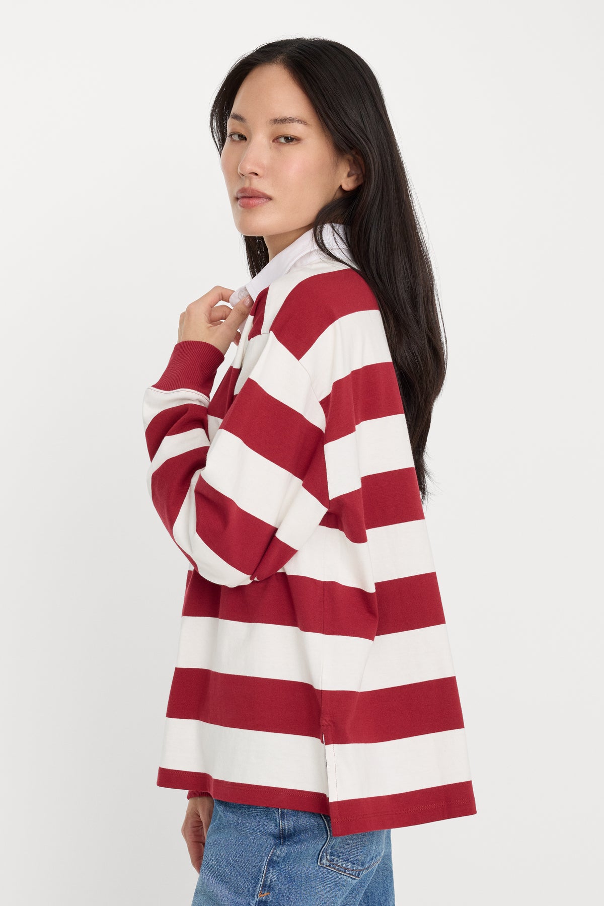 OVERSIZED RUGBY TEE | MERLOT AND CHALK RUGBY STRIPE-2 | GOOD AMERICAN | MODEL_A
