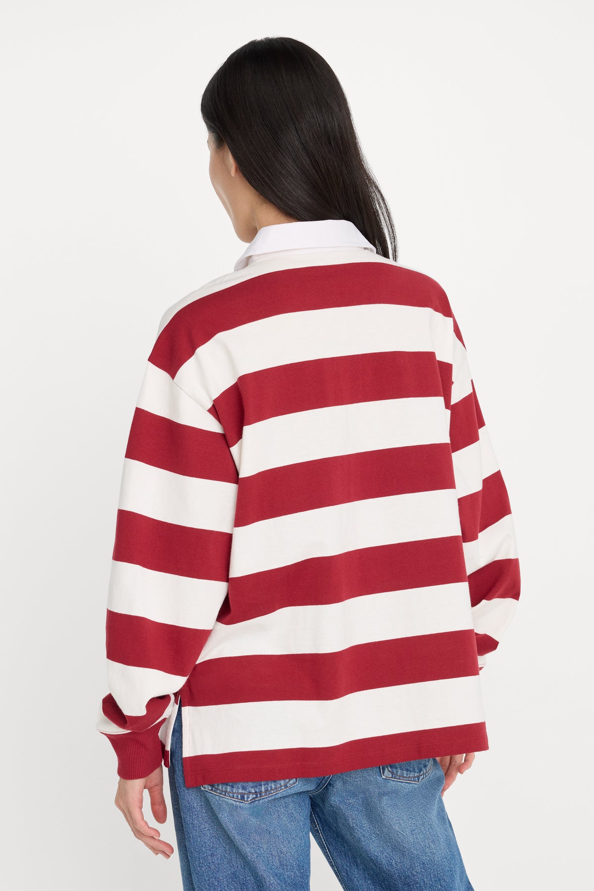 OVERSIZED RUGBY TEE | MERLOT AND CHALK RUGBY STRIPE-4 | GOOD AMERICAN | MODEL_A