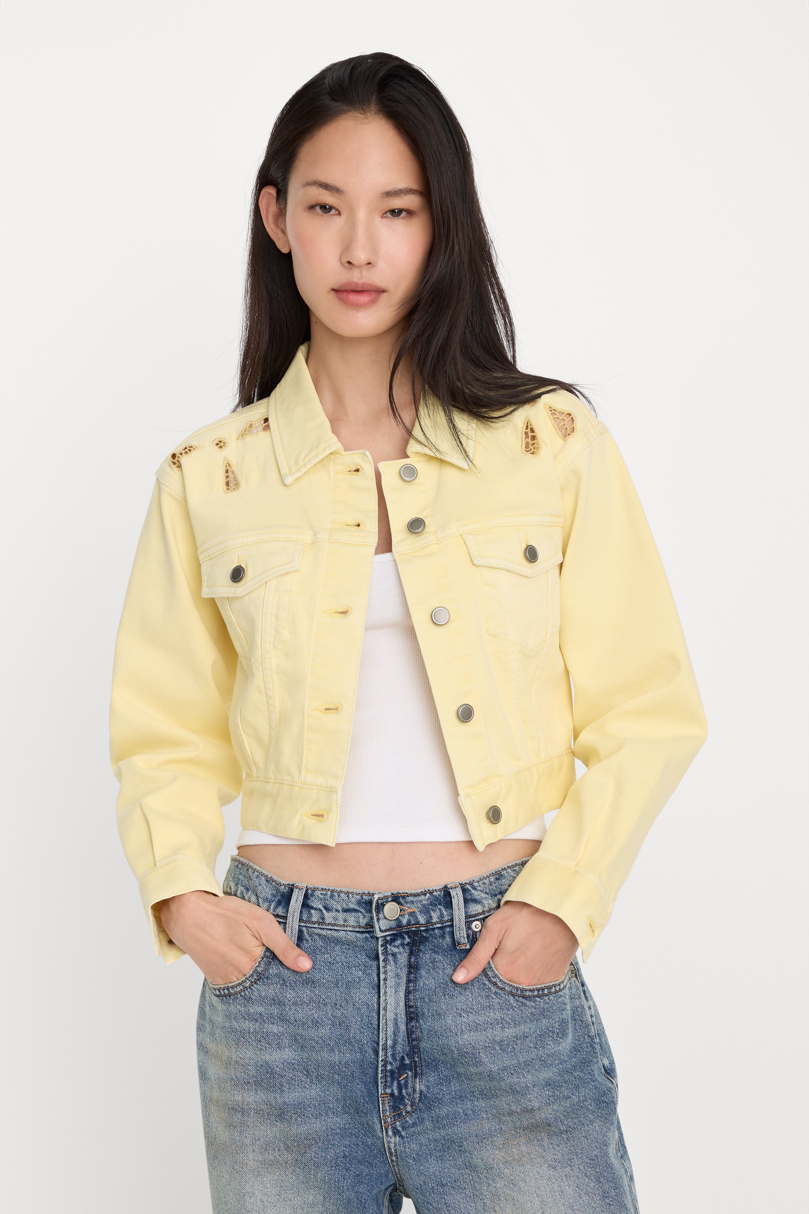 ESSENTIAL CROP DENIM JACKET EMBROIDERED | ANISE YELLOW – GOOD AMERICAN