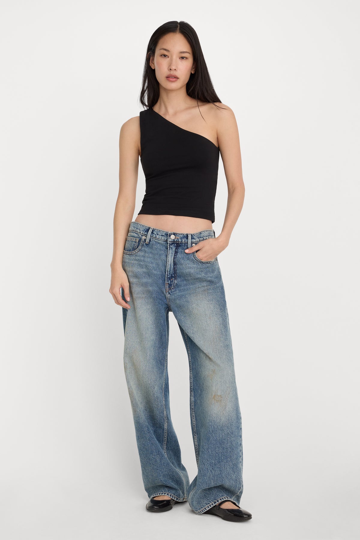 SUPER STRETCH ONE SHOULDER TANK | BLACK001
