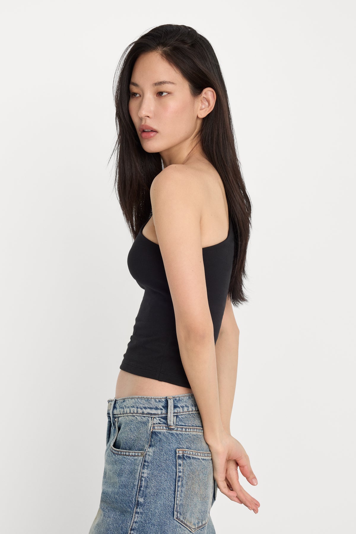 SUPER STRETCH ONE SHOULDER TANK | BLACK001