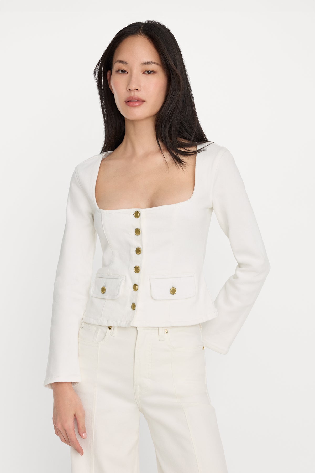 DENIM FITTED BUTTON FRONT JACKET | COTTON WHITE-1 | GOOD AMERICAN | MODEL_A