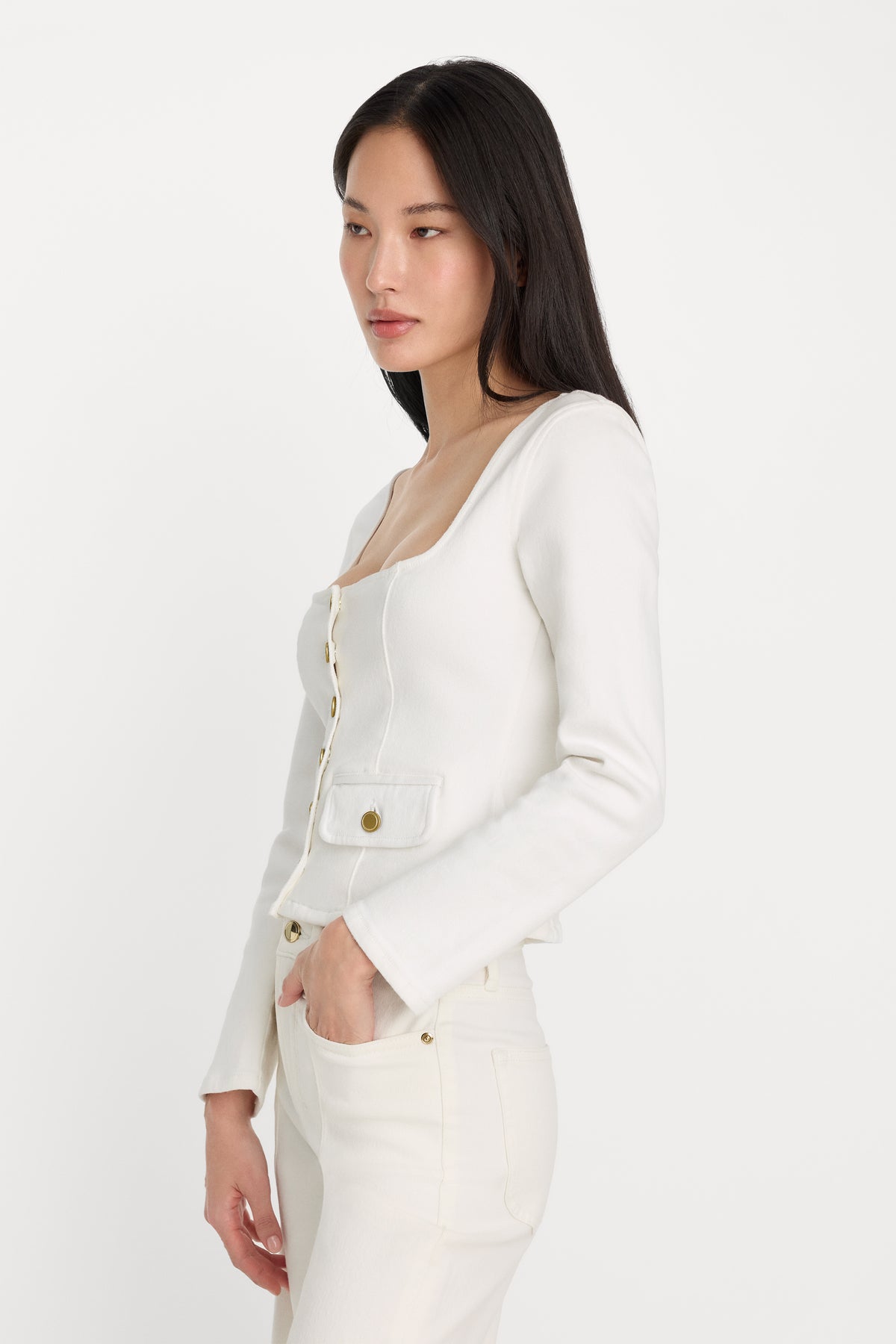 DENIM FITTED BUTTON FRONT JACKET | COTTON WHITE