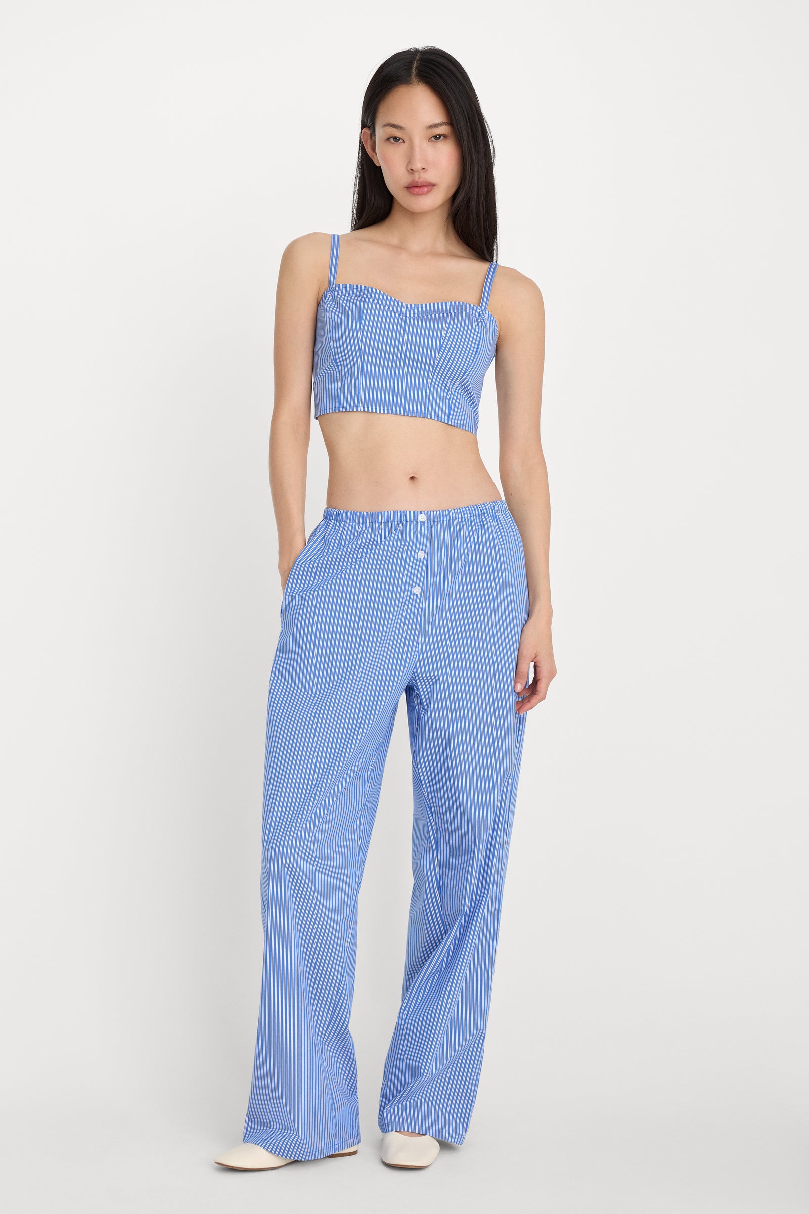 POPLIN BUSTIER CAMI TOP | BLUE AND WHITE STRIPE