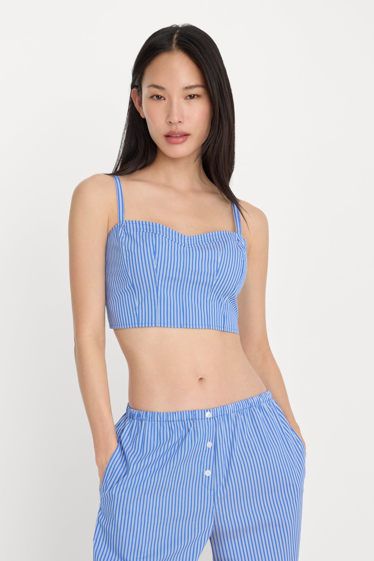 POPLIN BUSTIER CAMI TOP | BLUE AND WHITE STRIPE-1 | GOOD AMERICAN | MODEL_A