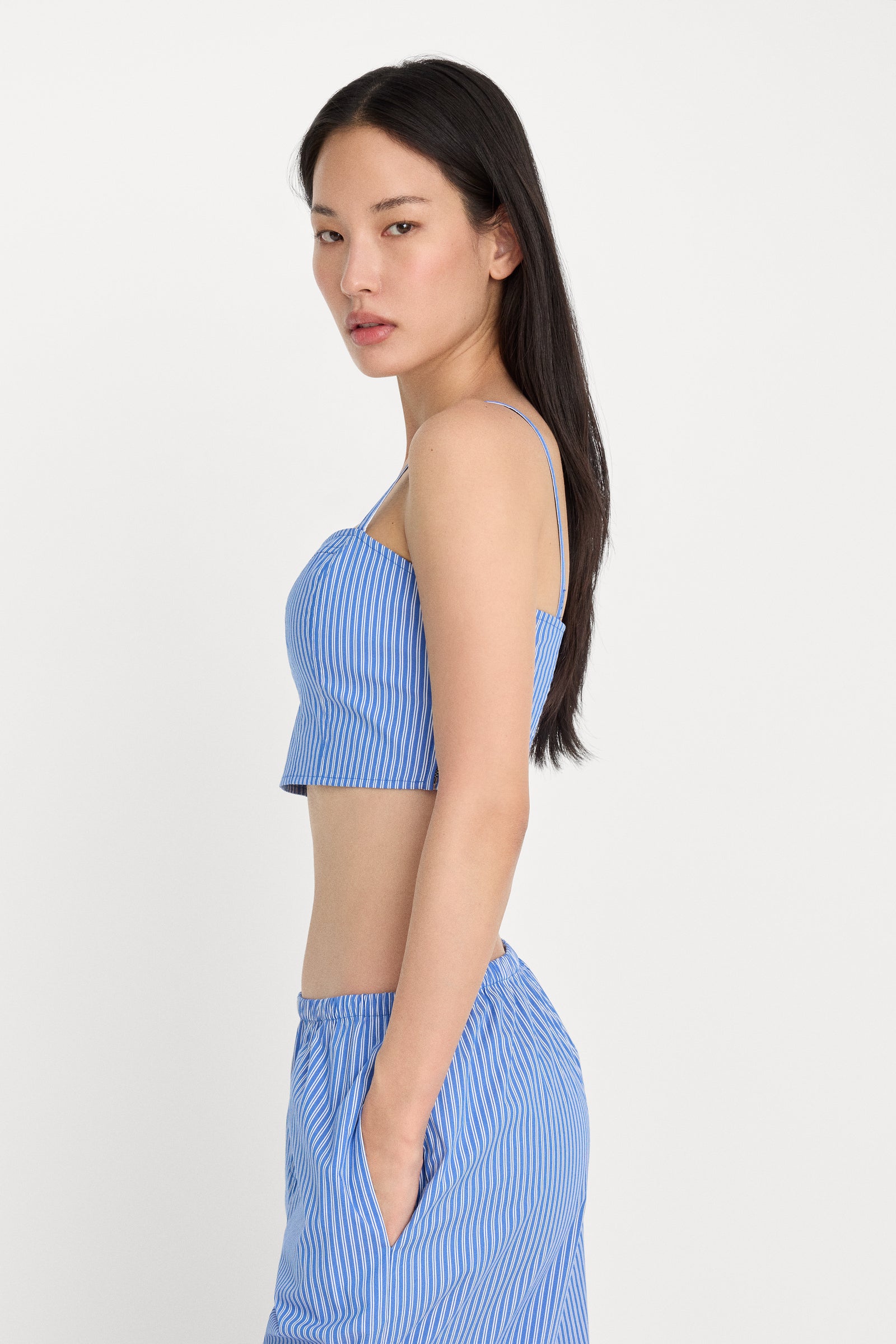 POPLIN BUSTIER CAMI TOP | BLUE AND WHITE STRIPE