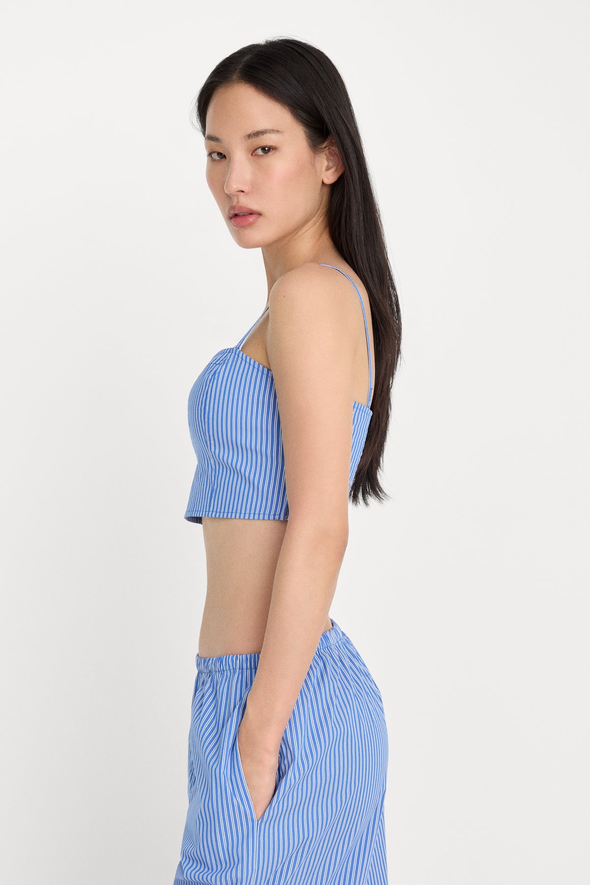 POPLIN BUSTIER CAMI TOP | BLUE AND WHITE STRIPE-4 | GOOD AMERICAN | MODEL_A
