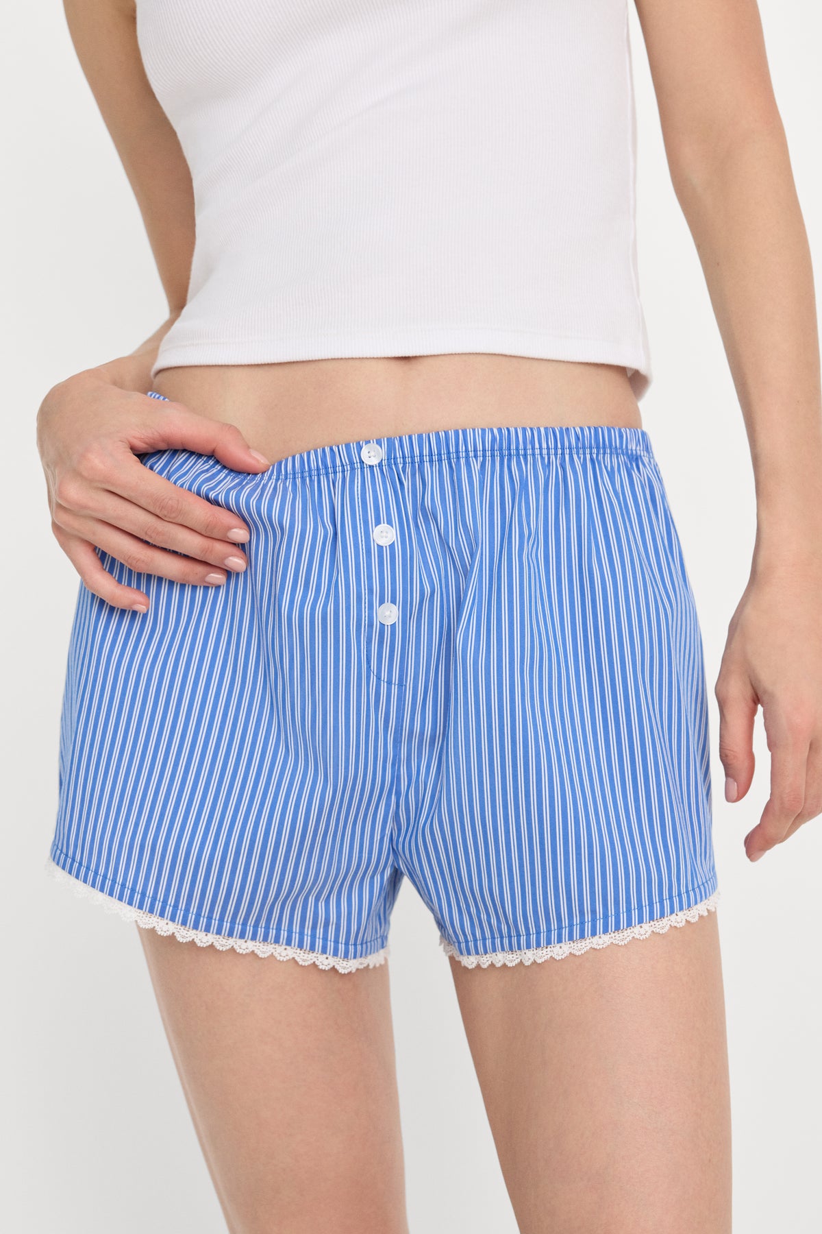 POPLIN PULL ON BOXER SHORTS | BLUE & WHITE STRIPE-2 | GOOD AMERICAN | MODEL_A