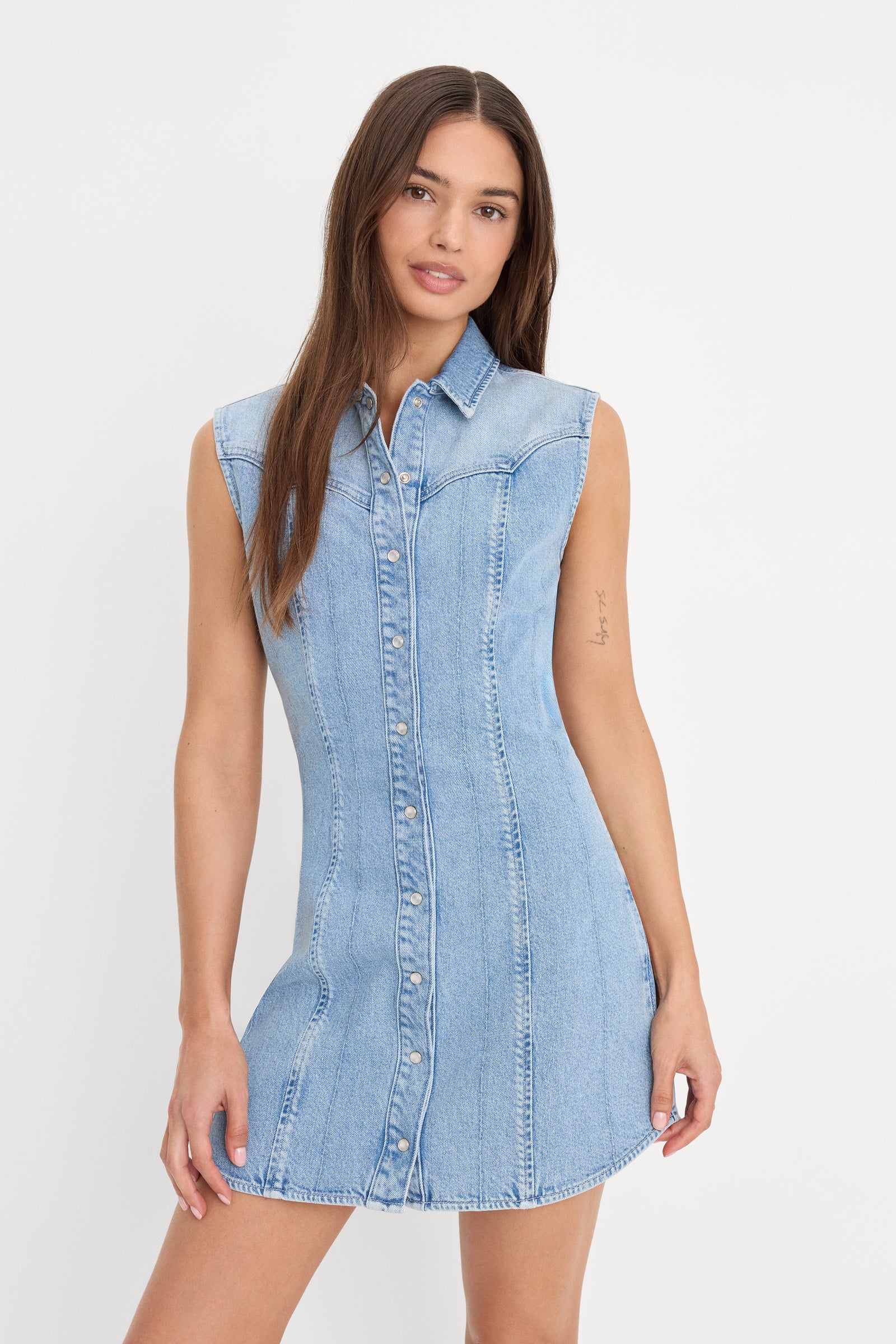 DOLLY SLEEVELESS DENIM MINI DRESS | LIGHT BLUE GOOD AMERICAN DOLLY SLEEVELESS DENIM MINI DRESS | LIGHT BLUE GOOD AMERICAN