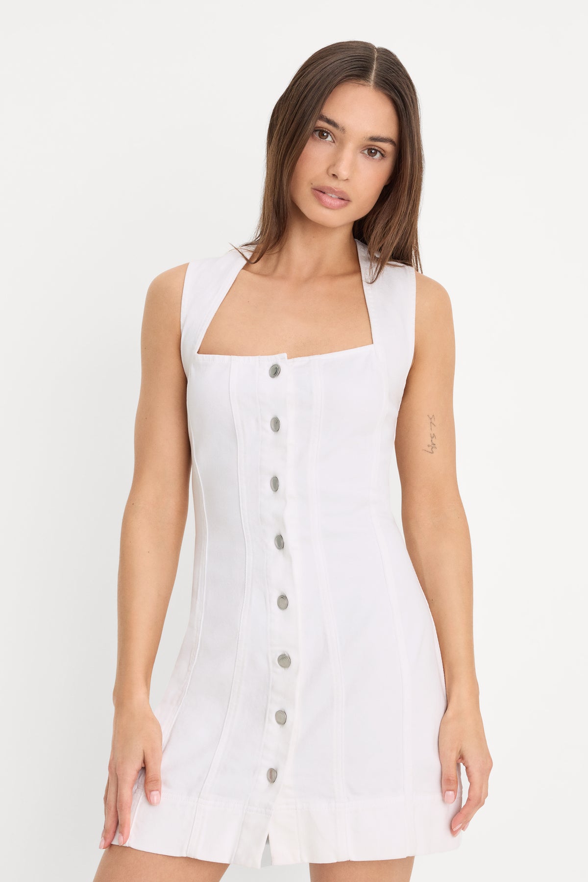 MINI BUTTON FRONT DRESS | WHITE001-2 | GOOD AMERICAN | MODEL_A