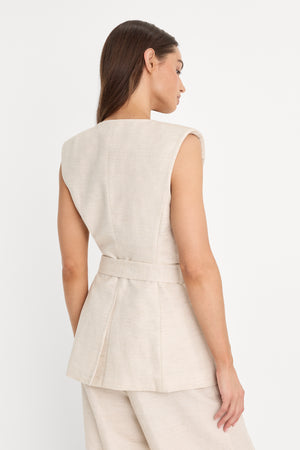 LINEN SLEEVELESS BELTED VEST | OAT