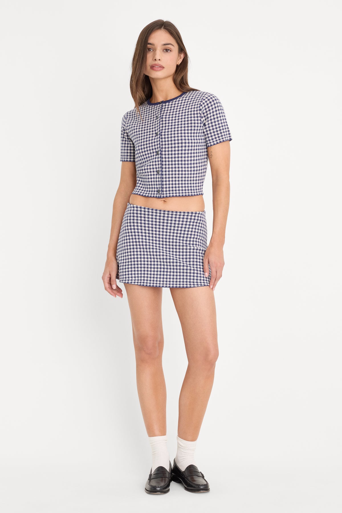 THE KEEPSAKE CARDIGAN | NAVY GINGHAM-4 | GOOD AMERICAN | MODEL_A