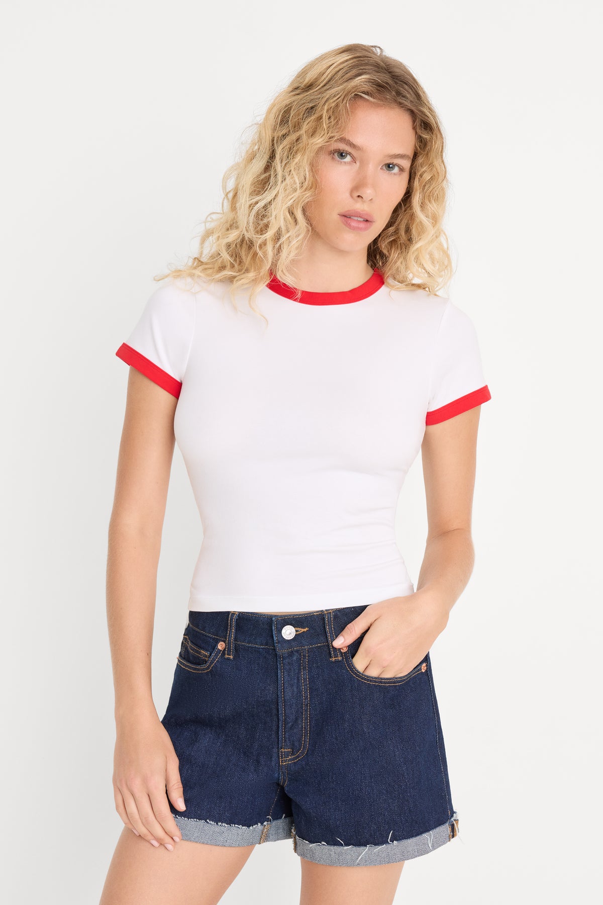 SUPER STRETCH BABY RINGER TEE | WHITE