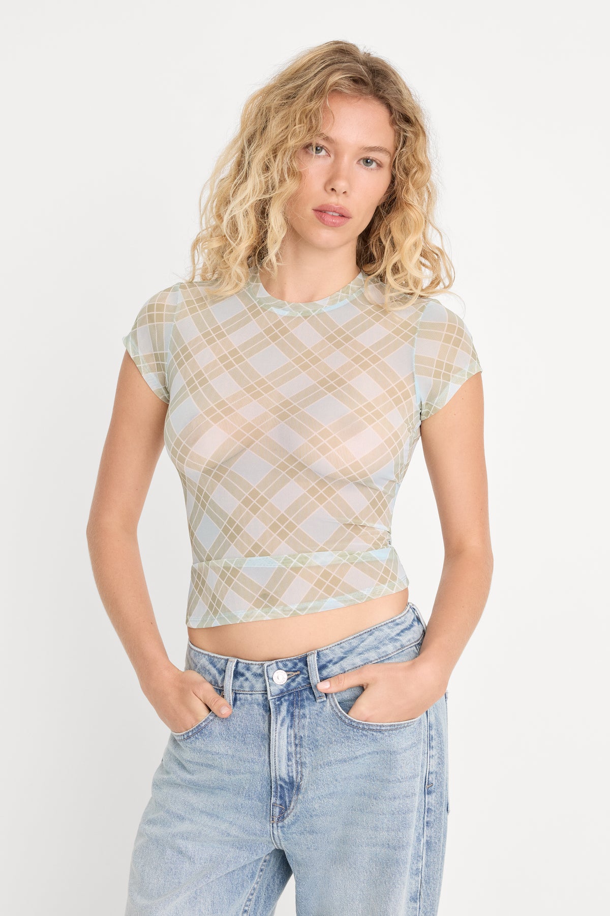 THE MESH BABY TEE | SUMMER PLAID HONEY-1 | GOOD AMERICAN | MODEL_A