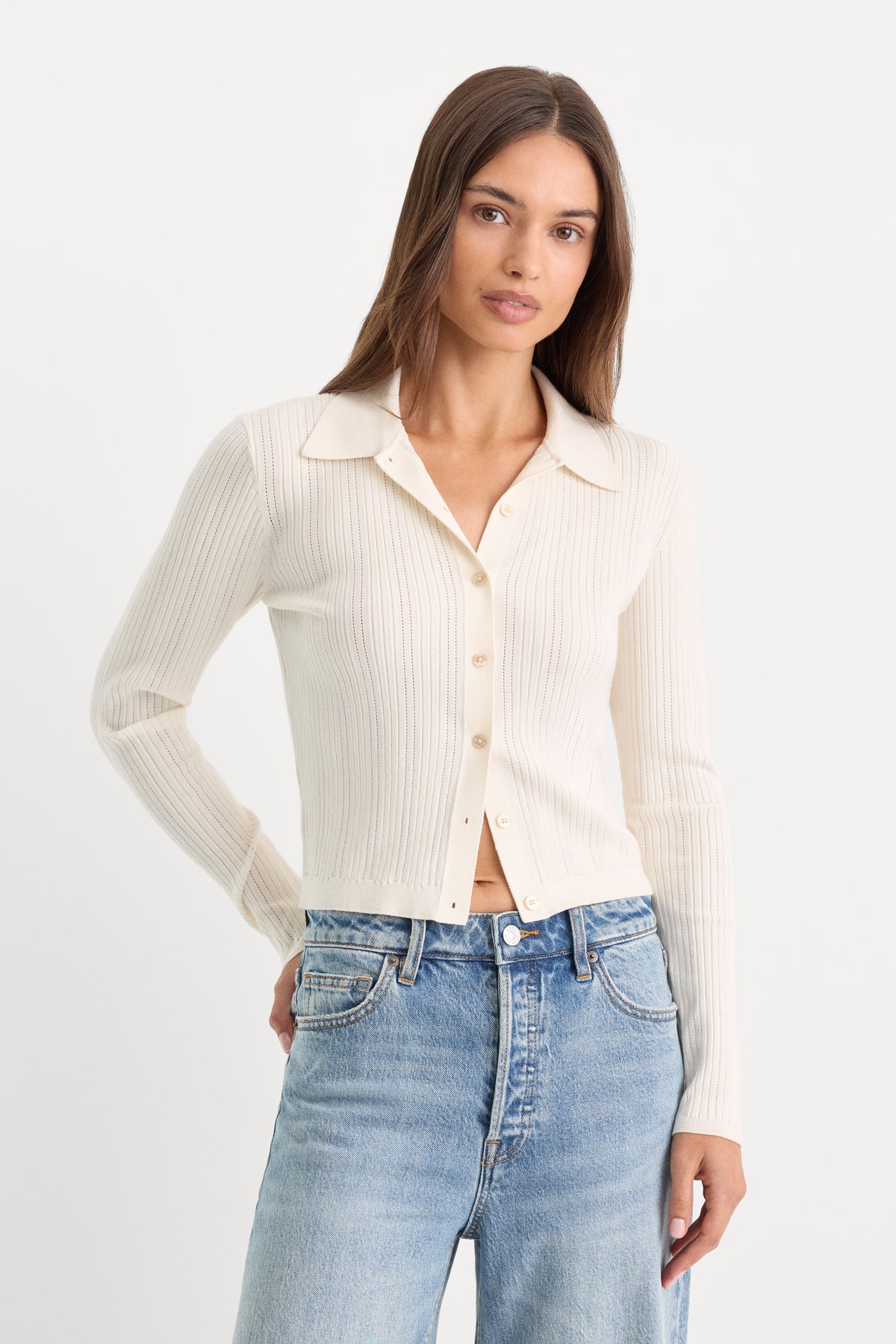 THE LADDER RIB CARDIGAN | CHALK-1 | GOOD AMERICAN | MODEL_A