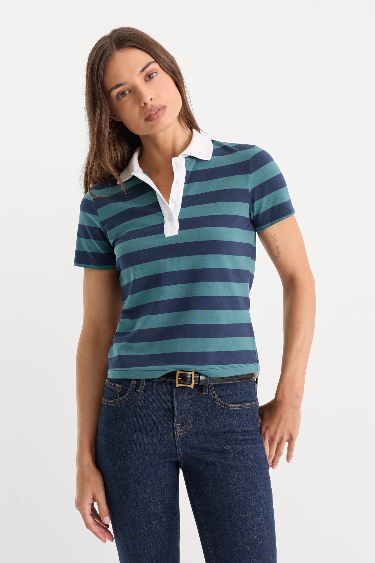 THE EASY POLO | SUMMER STRIPE TEAL-1 | GOOD AMERICAN | MODEL_A