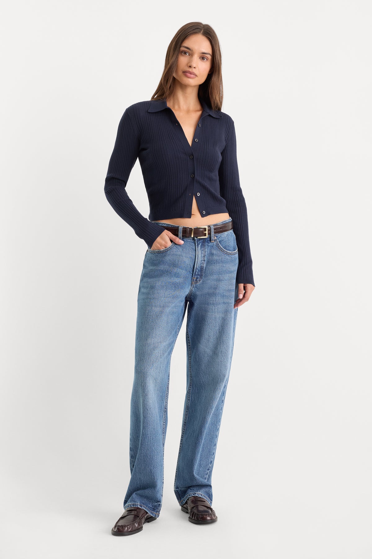 THE LADDER RIB CARDIGAN | MIDNIGHT BLUE-3 | GOOD AMERICAN | MODEL_A