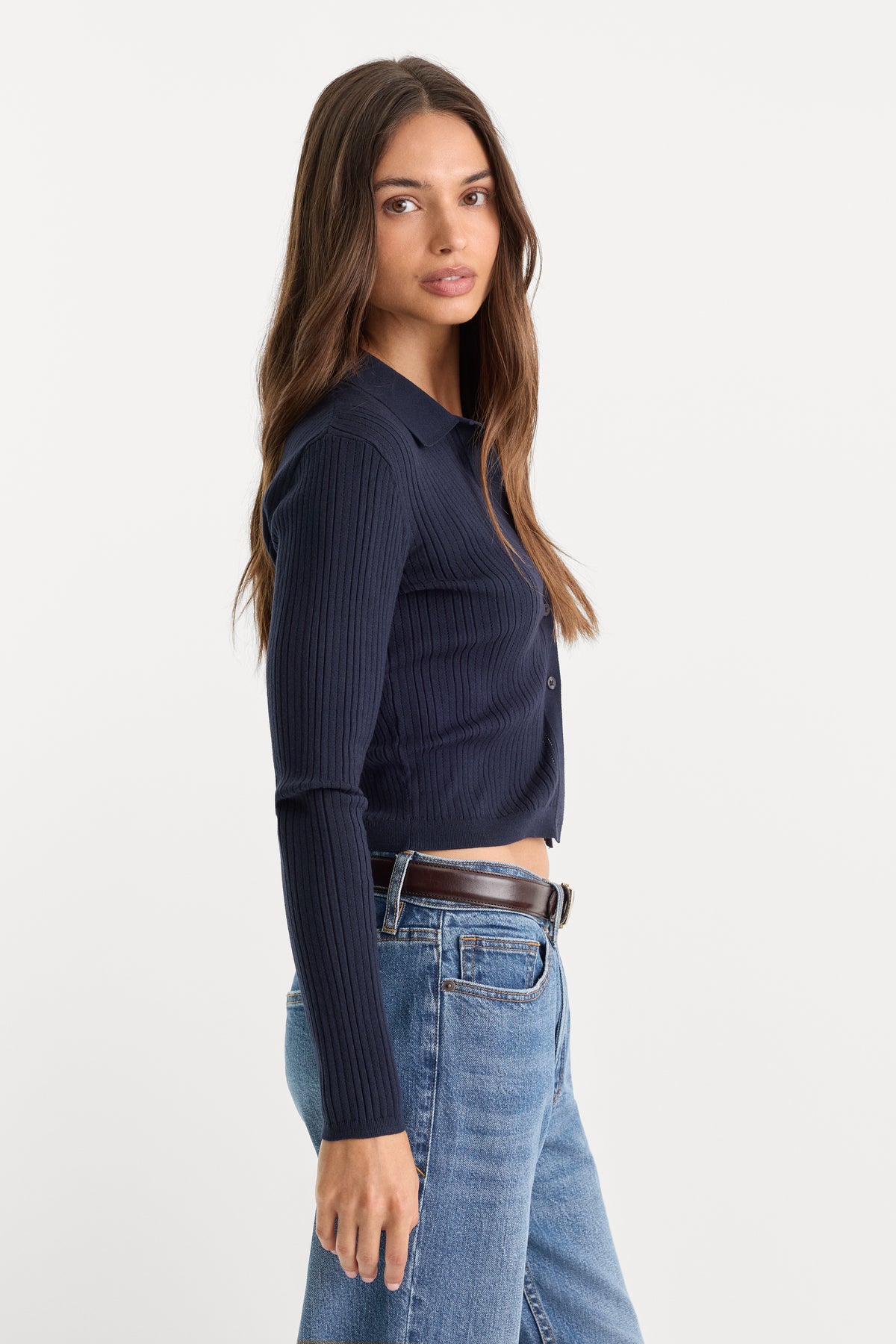 THE LADDER RIB CARDIGAN | MIDNIGHT BLUE-2 | GOOD AMERICAN | MODEL_A