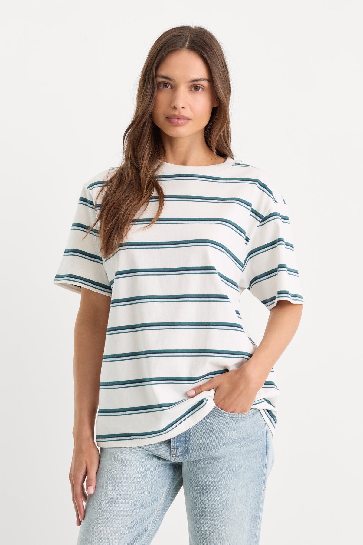 THE OVERSIZED TEE | HARBOR STRIPE CLOUD WHITE-1 | GOOD AMERICAN | MODEL_A